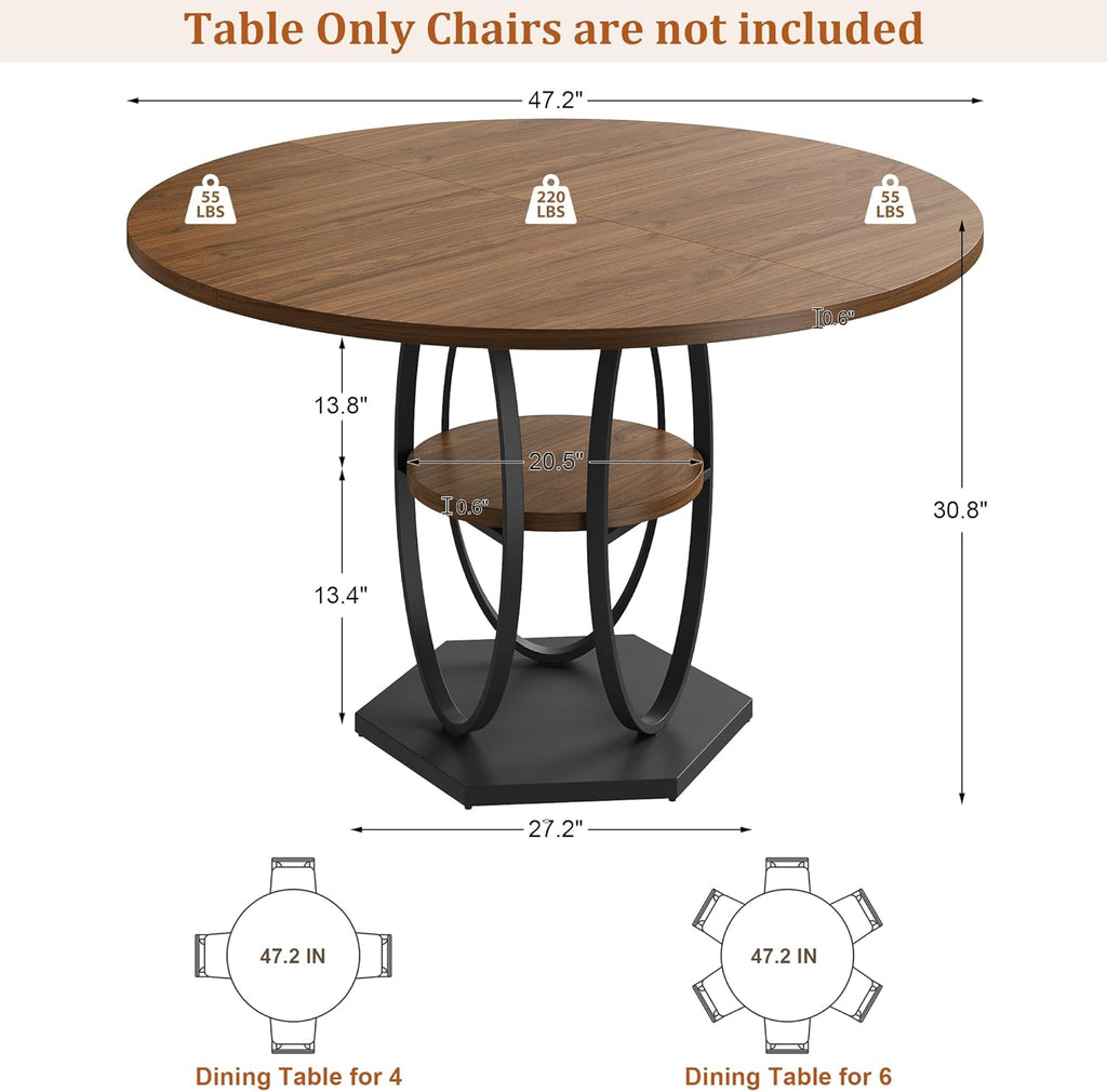 47.2" Round Dining Table for 4-6, Circle Kitchen Table with Open Storage Shelf, Modern Wooden Dinner Table with Metal Pedestal Base, Dining Room Tables for Kitchen Small Space, Walnut