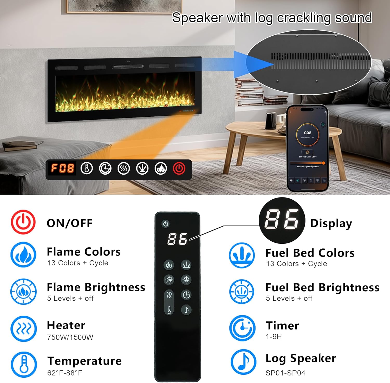 50 Inch WiFi Electric Fireplace Heater with Sound, Wall Mounted, Recessed or Free‑Standing, 750/1500W, 13 Flame & Fuel Bed Colors, Dimmable, Remote & App Control, Alexa & Google Home