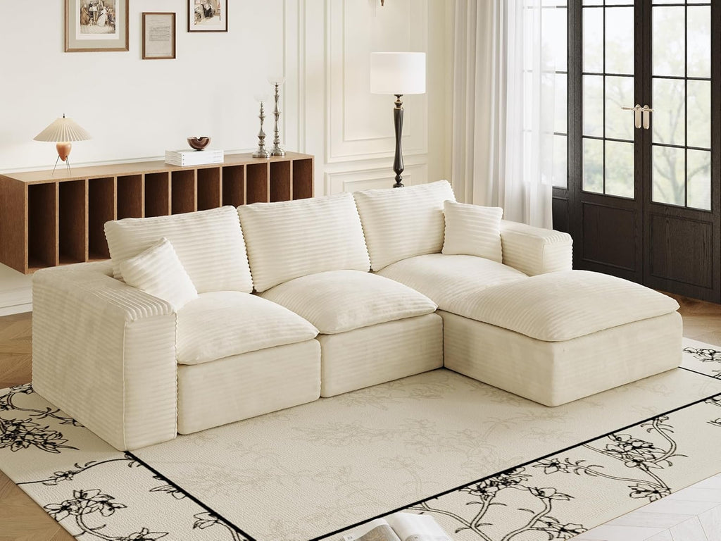 108" Plush Corduroy L Shaped Sectional Cloud Sofa Couch with Ottoman, Soft Deep Seat Modular Sectional Couches for Living Room,No Assembly. Beige