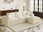 108" Plush Corduroy L Shaped Sectional Cloud Sofa Couch with Ottoman, Soft Deep Seat Modular Sectional Couches for Living Room,No Assembly. Beige