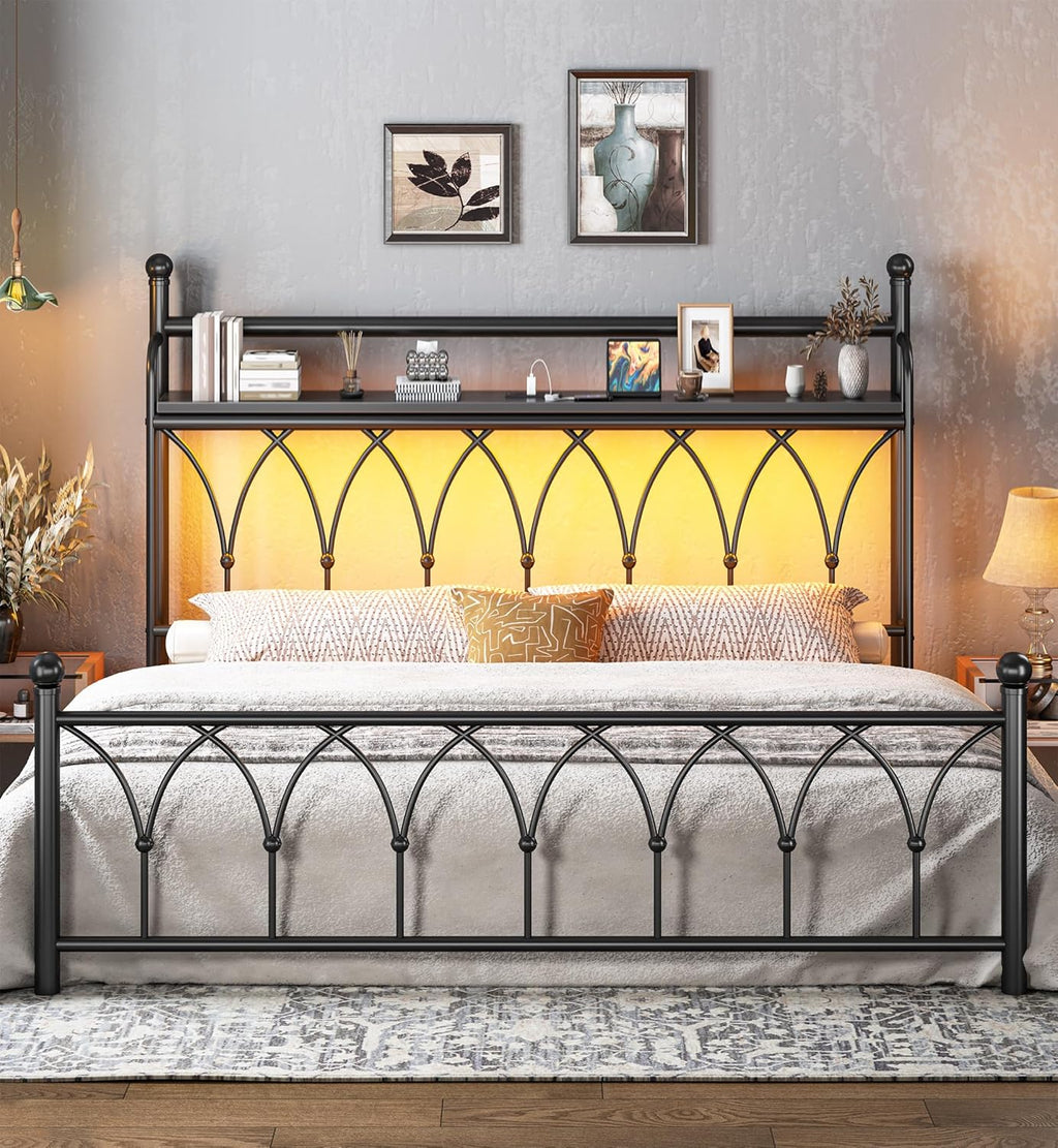 EnHomee 54" King Bed Frame with Tall Storage Headboard, Metal King Size Bed Frame with LED Lights and Power Outlets, Sturdy & Noise-Free, Metal Slats, No Box Spring Needed, Black