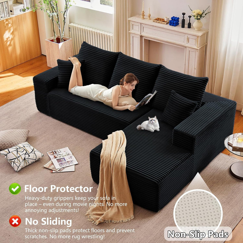 96" Modular Sectional Sofa, Modern Corduroy Cloud Couch with Deep Seat, Boneless Couch Upholstered 3-Seater L-Shaped Sofa for Living Room, No Assembly Required (Black, Right-Facing Chaise)