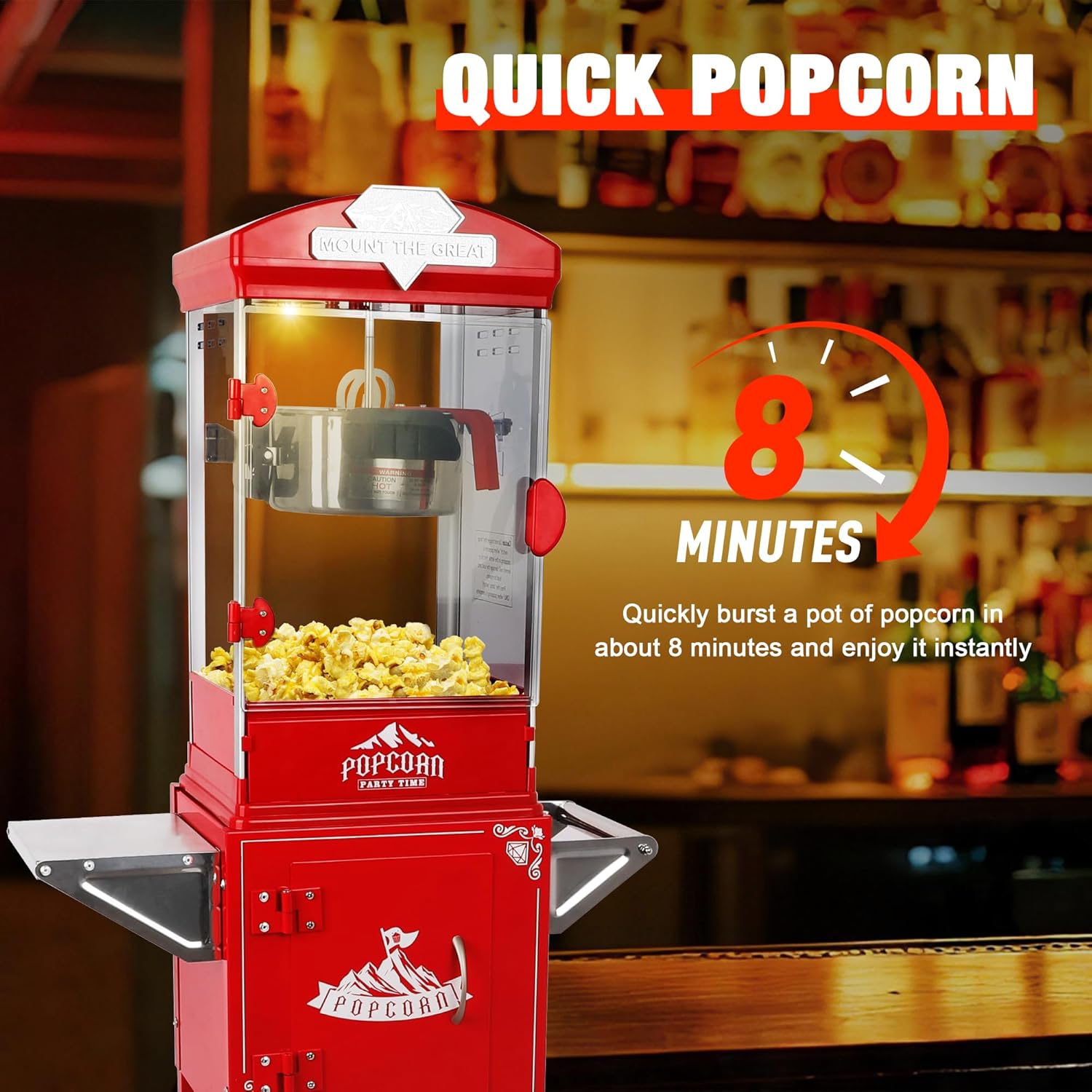 Vintage Popcorn Machine with Cart & Wheels, 10 Oz Stainless Steel Kettle Popcorn Maker, Movie Theater Style Popcorn Popper Makes Up to 40 Cups, Includes Measuring Spoons, Home Theater & Commercial Use