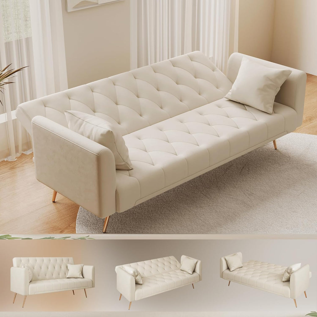 Anwick 72''Modern Velvet Sofa Bed Futon,Convertible Folding Sleeper Couches with 3 Adjustable Backrests,Tufted Recliner Love Seat Golden Chrome Legs for Living Room Apartment Home Office (Beige)
