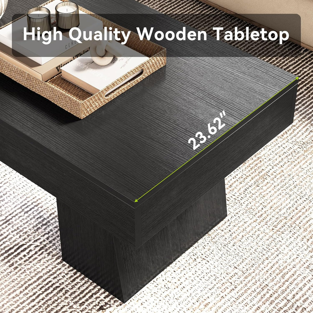 LITTLE TREE Farmhouse Coffee Table, 47 Inches Wooden Rectangular Accent Center Tables with Thick Base, Modern Low Cocktail Tea Furniture for Living Room (Black)