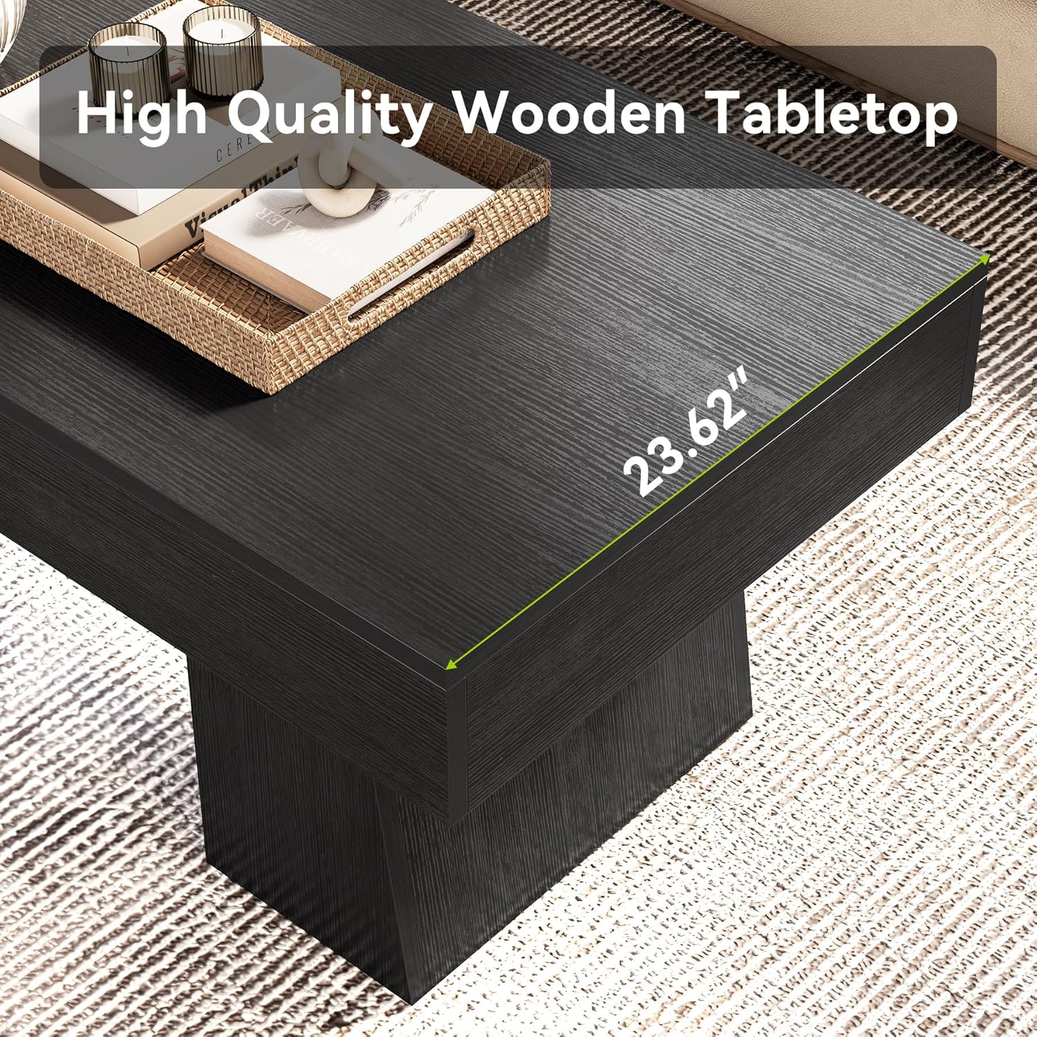 LITTLE TREE Farmhouse Coffee Table, 47 Inches Wooden Rectangular Accent Center Tables with Thick Base, Modern Low Cocktail Tea Furniture for Living Room (Black)