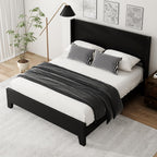 Queen Bed Frame with Faux Leather Upholstered Headboard, Wear-Resistant, Easy Clean, Mattress Foundation, No Box Spring Required, Easy Assembly, Black