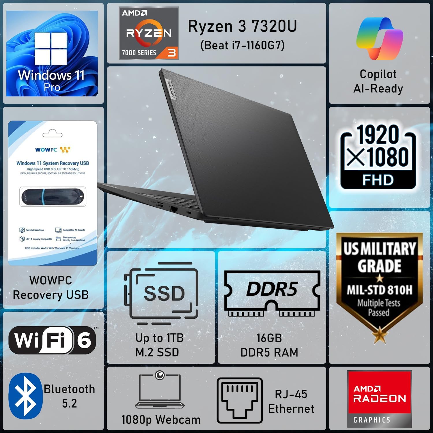 Lenovo V15 Business Laptop 2026 Edition  AMD Ryzen 3 7000-Series(Beat i7-1065G7)  15.6" FHD Display  16GB DDR5 RAM  256GB NVMe SSD  Wi-Fi 6  RJ-45  Dolby Audio  Windows 11 Pro  WOWPC USB  no Mouse