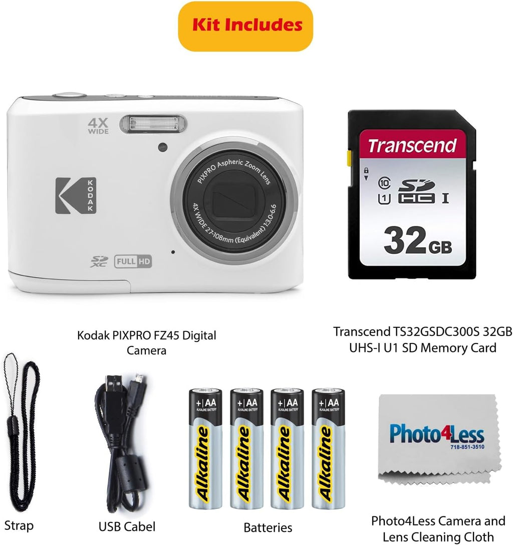 KODAK PIXPRO FZ45 16MP Digital Camera with 4X Optical Zoom 27mm Wide Angle and 2.7" LCD Screen Bundle with 32GB SD Memory Card  AA Batteries (4 Pack)  Lens Cleaning Cloth (White)