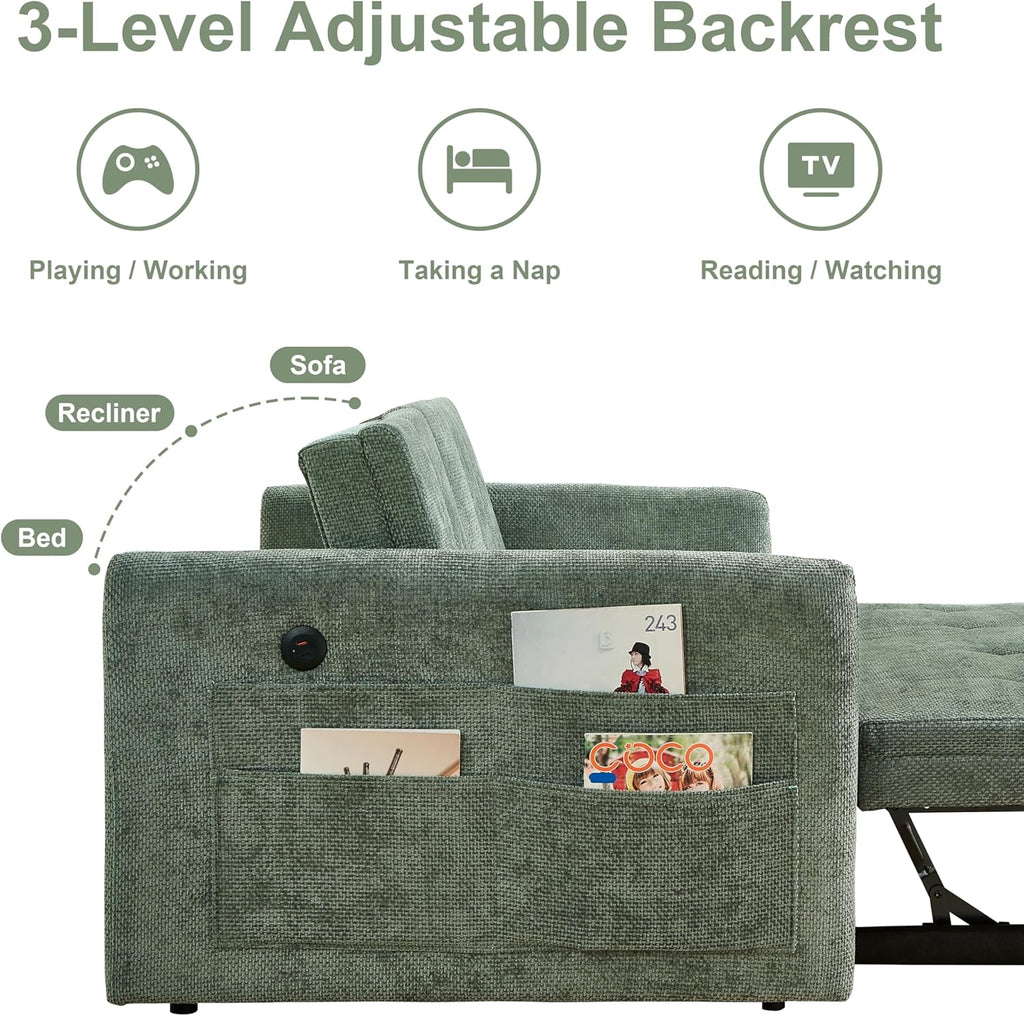 57.48" Convertible Sofa Bed with Cup Holder, Pull Out Sleeper Sofa Bed with USB Charging Ports, 3 in 1 Convertible Sleeper Sofa Bed for Living Room, Apartment, Bedroom, RV, Green
