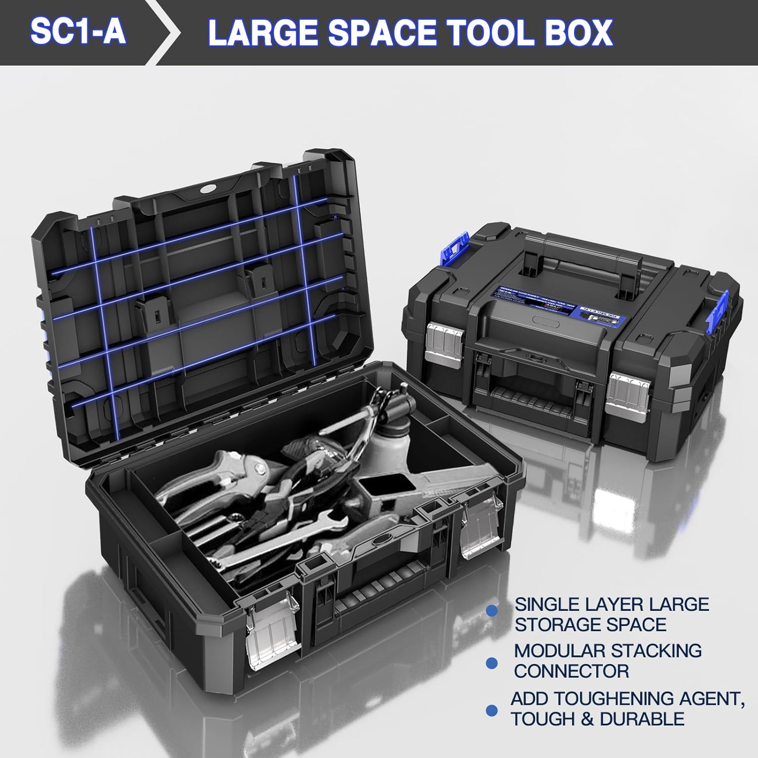 4 Tier Stackable Rolling Tool Box with Wheels | Modular Tool Organizer Box Storage System | Portable Tool Box with Drawers | Tough and Durable | For Garage Storage | Home Repairs | Professional Work