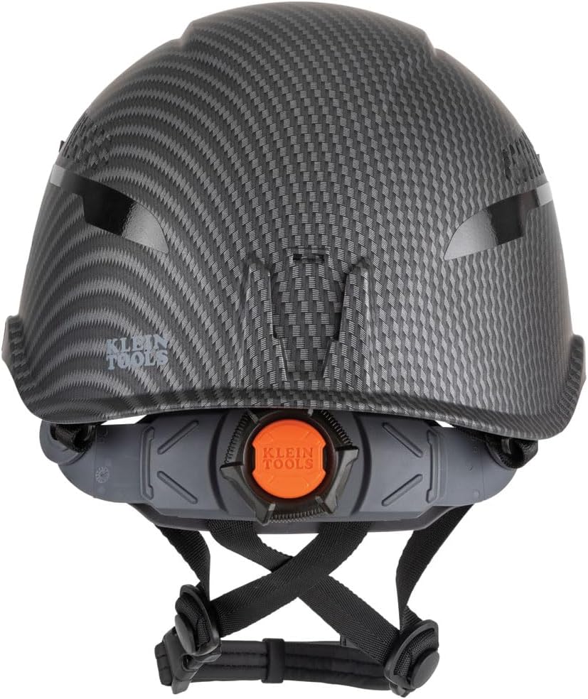 Klein Tools 60517 Safety Helmet, Vented Class C with Rechargeable Lamp and Chin Strap, Premium KARBN Pattern, Adjustable Vents