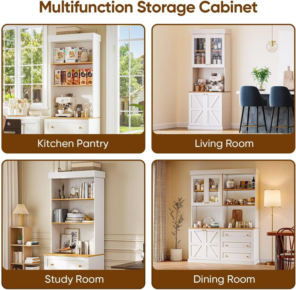Vyre 71" Farmhouse Kitchen Pantry Cabinet Set of 2, White Freestanding Coffee Bar Hutch with Glass Doors & Adjustable Shelves, Large Storage Cabinet with Microwave Stand for Living Room & Kitchen