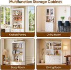 Vyre 71" Farmhouse Kitchen Pantry Cabinet Set of 2, White Freestanding Coffee Bar Hutch with Glass Doors & Adjustable Shelves, Large Storage Cabinet with Microwave Stand for Living Room & Kitchen