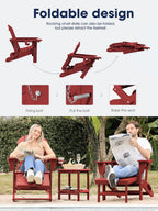 KINGYES Adirondack Rocking Chair with Retractable Ottoman and Cup Holders, HDPE Adirondack Rocker Patio Rocking Chair for Porch, Patio, Balcony, Burgundy Red