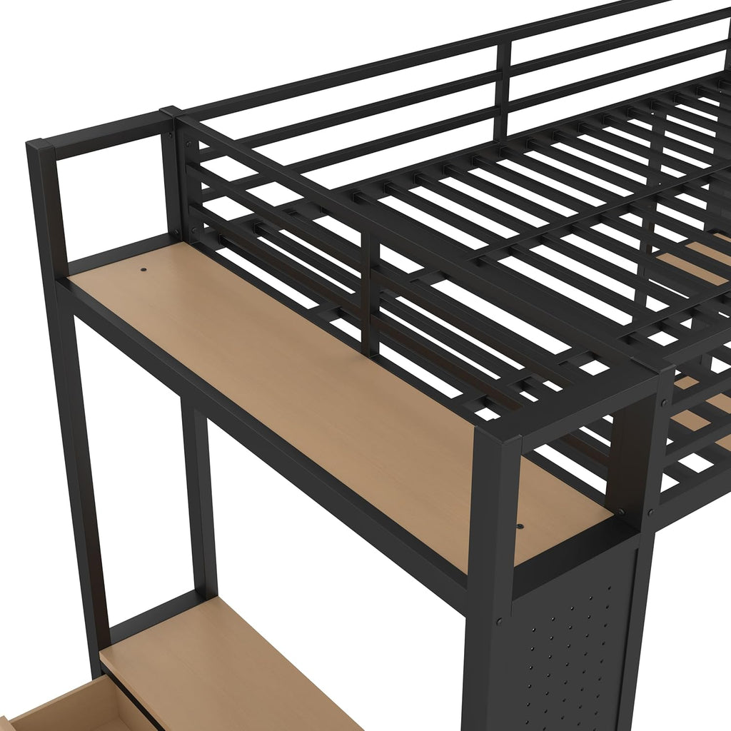 Bellemave Full Size Metal Loft Bed Frame with Wardrobe and Storage Shelves, Loft Bed with Pegboard and Drawers, Space-Saving Loft Bed Frame with Full-Length Guardrails, Black