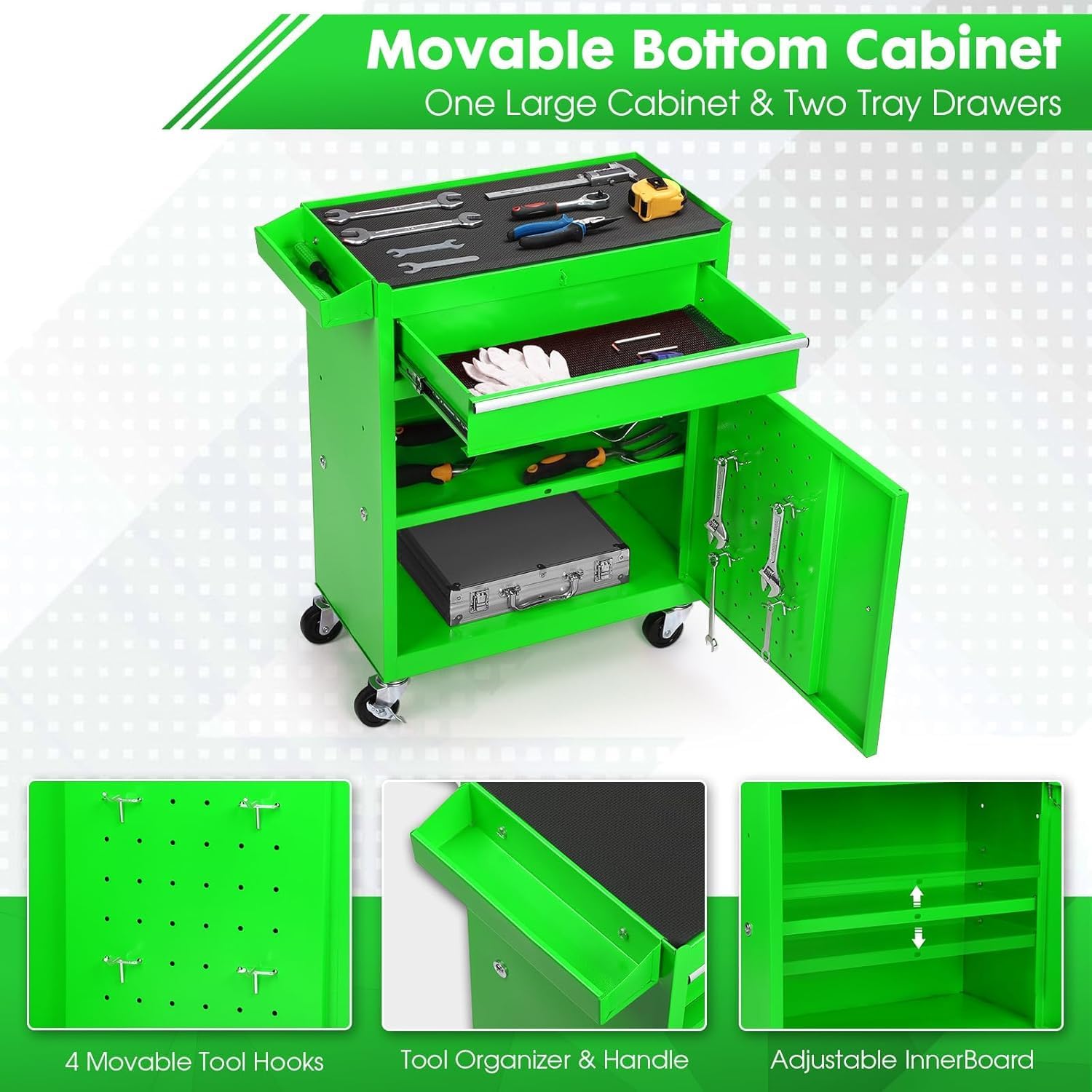Dawmilon 5-Drawer Rolling Tool Chest, Detachable Top Tool Box, Lockable Metal Tool Cabinet with Wheels, Adjustable Shelf and Liner for Garage Workshop Storage, Green