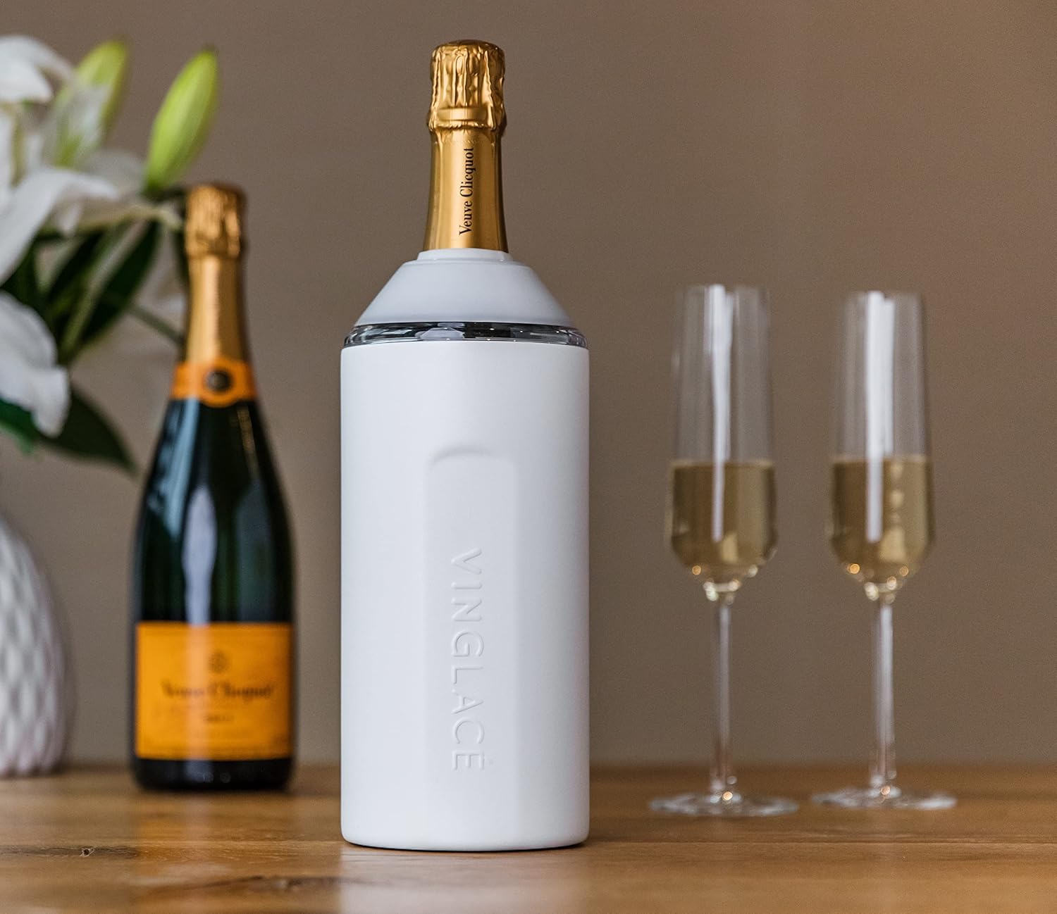 Vinglacé Champagne Bottle Chiller Gift Set- Portable Stainless Steel Sparkling Wine Cooler with 2 Stemless Champagne Flutes, White