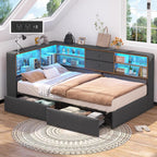 Twin Corner Bed Frame with Storage Bookcase and 4 Drawers, Upholstered Daybed Twin Size with Charging Station & LED Lights, L-Shape Twin Size Bed Frames Metal Platform Bed for Kids Teenagers, Oak Grey
