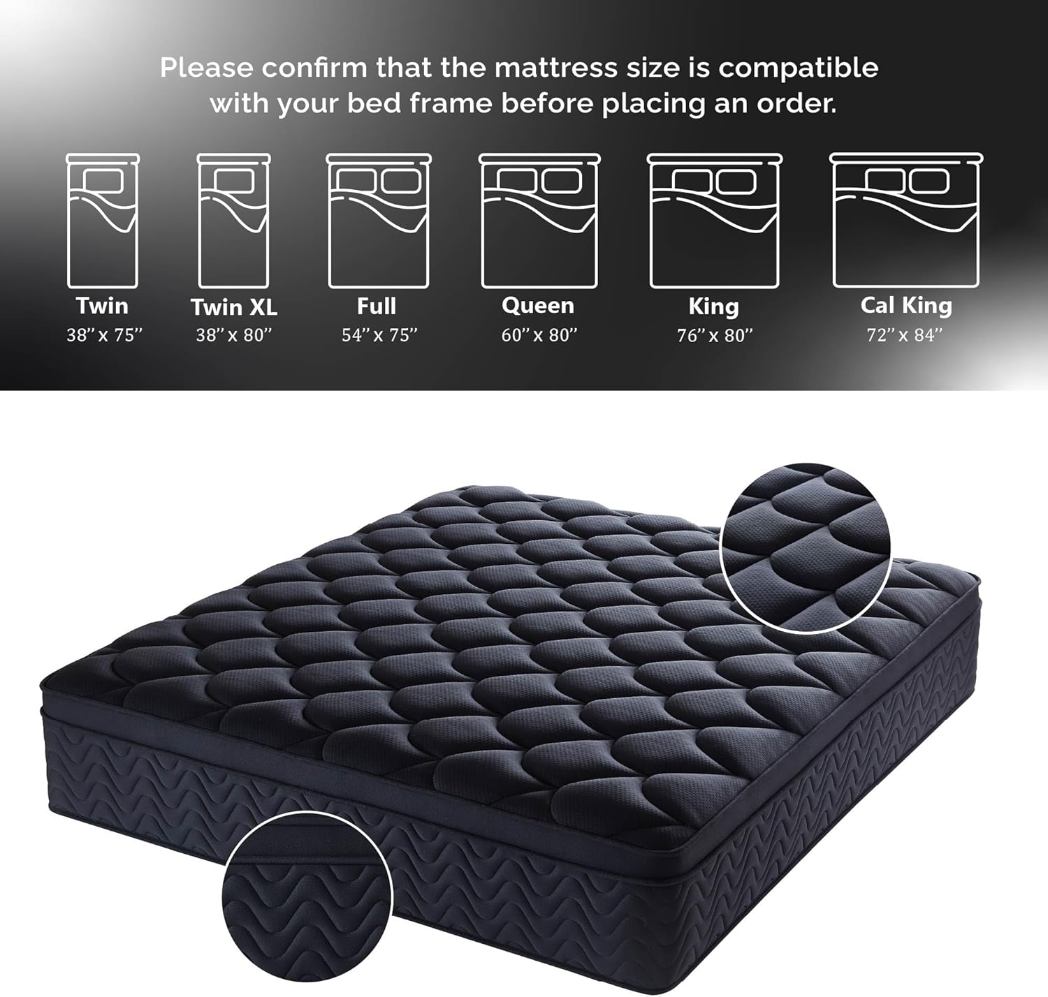 Premium 12 Inch King Mattress - Black Diamond Quilted, Individual Pocket Spring & Memory Foam Top, Cooling & Pressure Relief, Bed in a Box