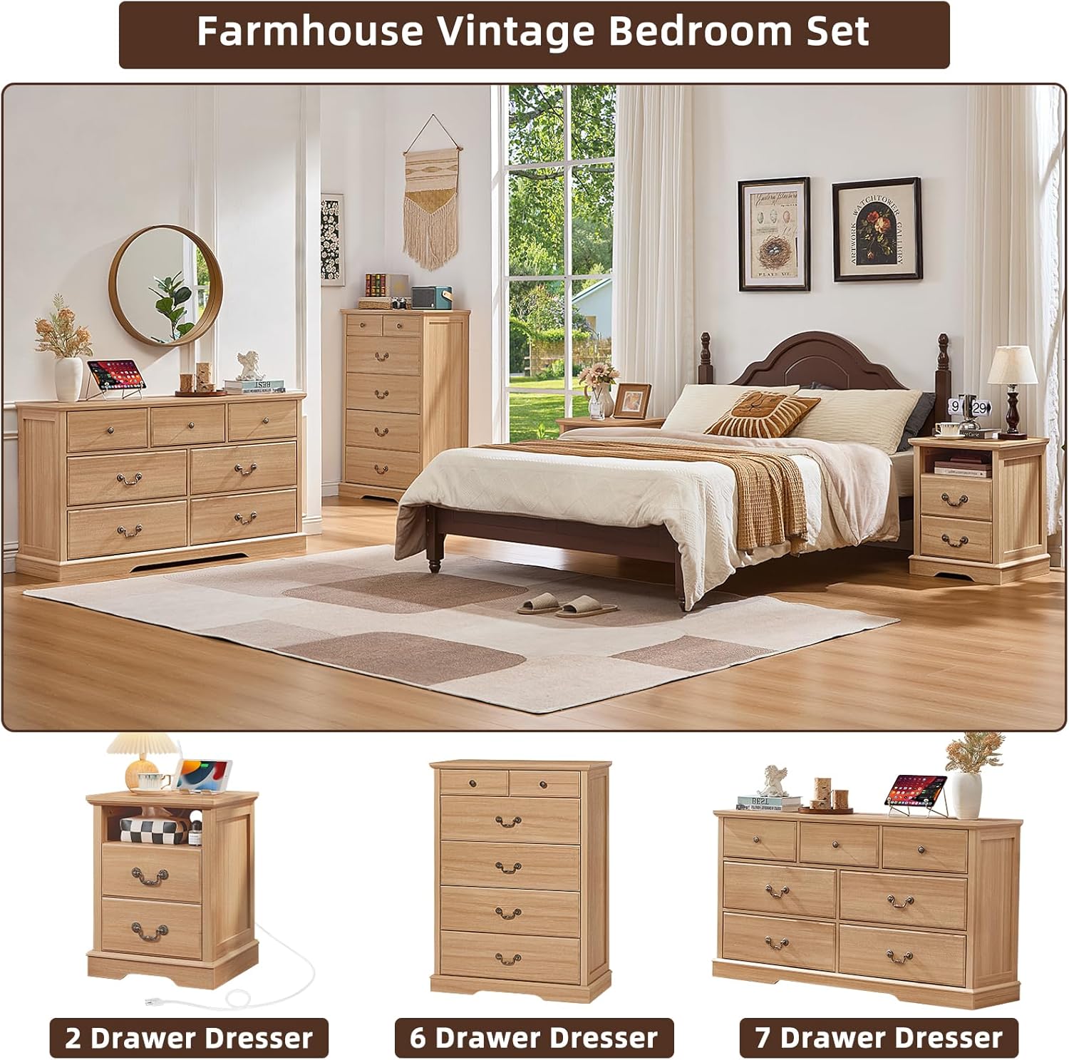 Farmhouse 7 Drawer Dresser for Bedroom,57" Wide Wood Rustic Chest of Drawers,Farmhouse Chest of Drawers for Bedroom,Wood Drawer Organizer for Bedroom,Hallway,Natural