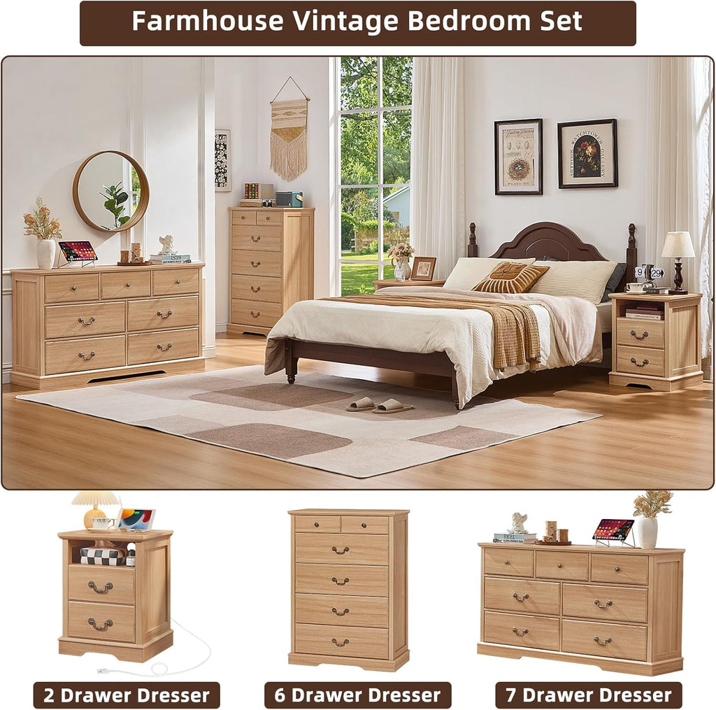 Farmhouse 7 Drawer Dresser for Bedroom,57" Wide Wood Rustic Chest of Drawers,Farmhouse Chest of Drawers for Bedroom,Wood Drawer Organizer for Bedroom,Hallway,Natural