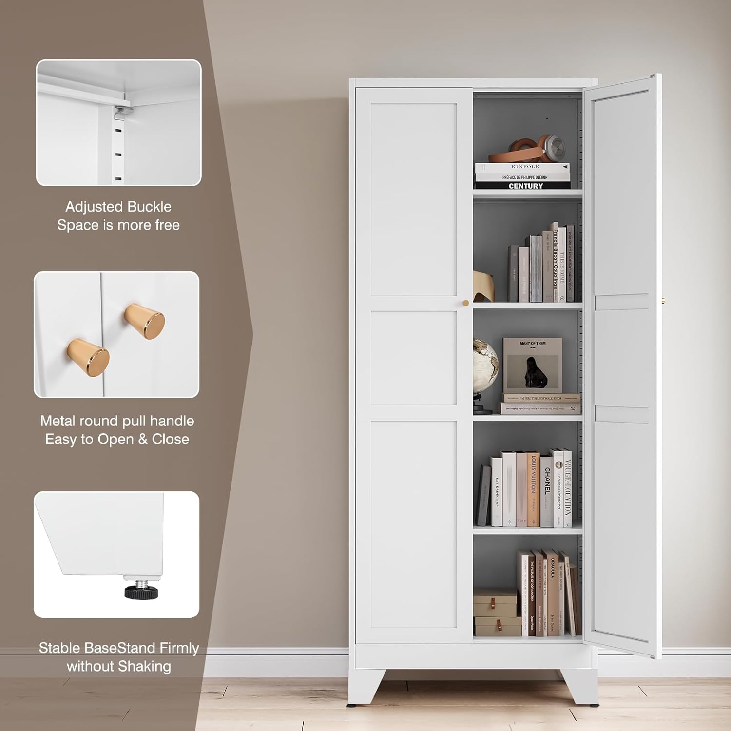 Yizosh Metal Pantry Cabinet, 75" Kitchen Pantry with 2 Door and 4 Adjustable Shelves,White Metal Pantry Storage Cabinet,Cupboard for Kitchen,Dining Room,Living Room and Bathroom