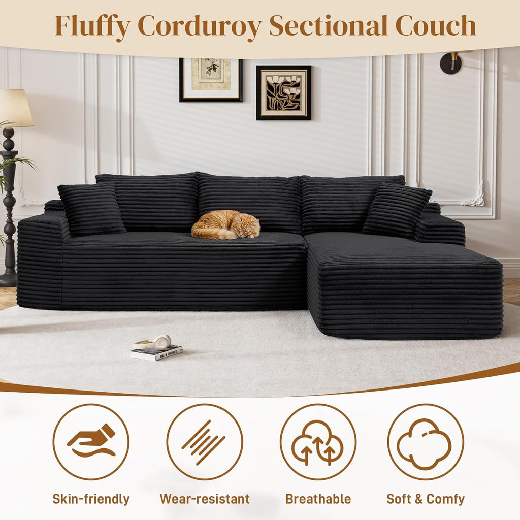 95" Boneless Cloud Sectional Couches for Living Room, Comfy Fluffy L Shaped Deep Seat Memory Foam Boneless Couch, Modular Sectional Sofas with Right Facing Chaise, Black