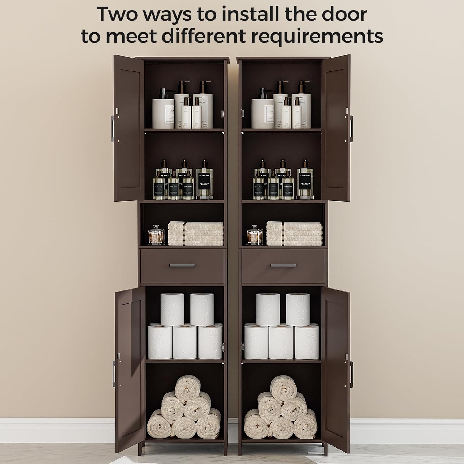 Homhedy 67" H Tall Bathroom Storage Cabinet with 2 Barn Doors and 1 Drawer, Narrow Storage Unit, Adjustable Shelves, Floor Cabinet for Bathroom, Living Room, Entryway, Kitchen, Brown, (15.7" W)