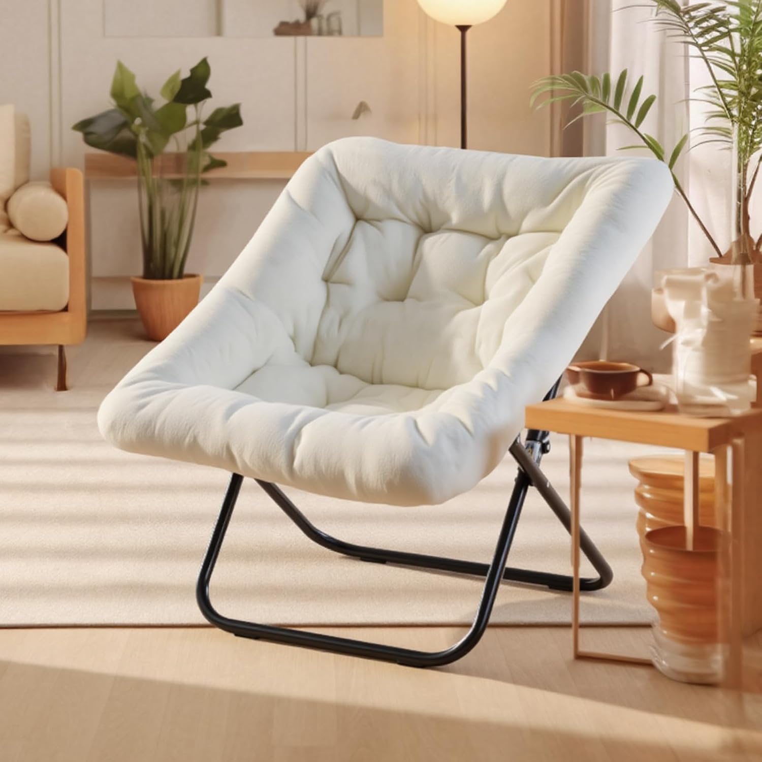DUMOS Comfy Chair for Adults, Soft Faux Fur Folding Lounge for Bedroom Living Room Dorm Rooms Flexible Reading Chair for Teens, Large Size Foldable (Square-Creamy)