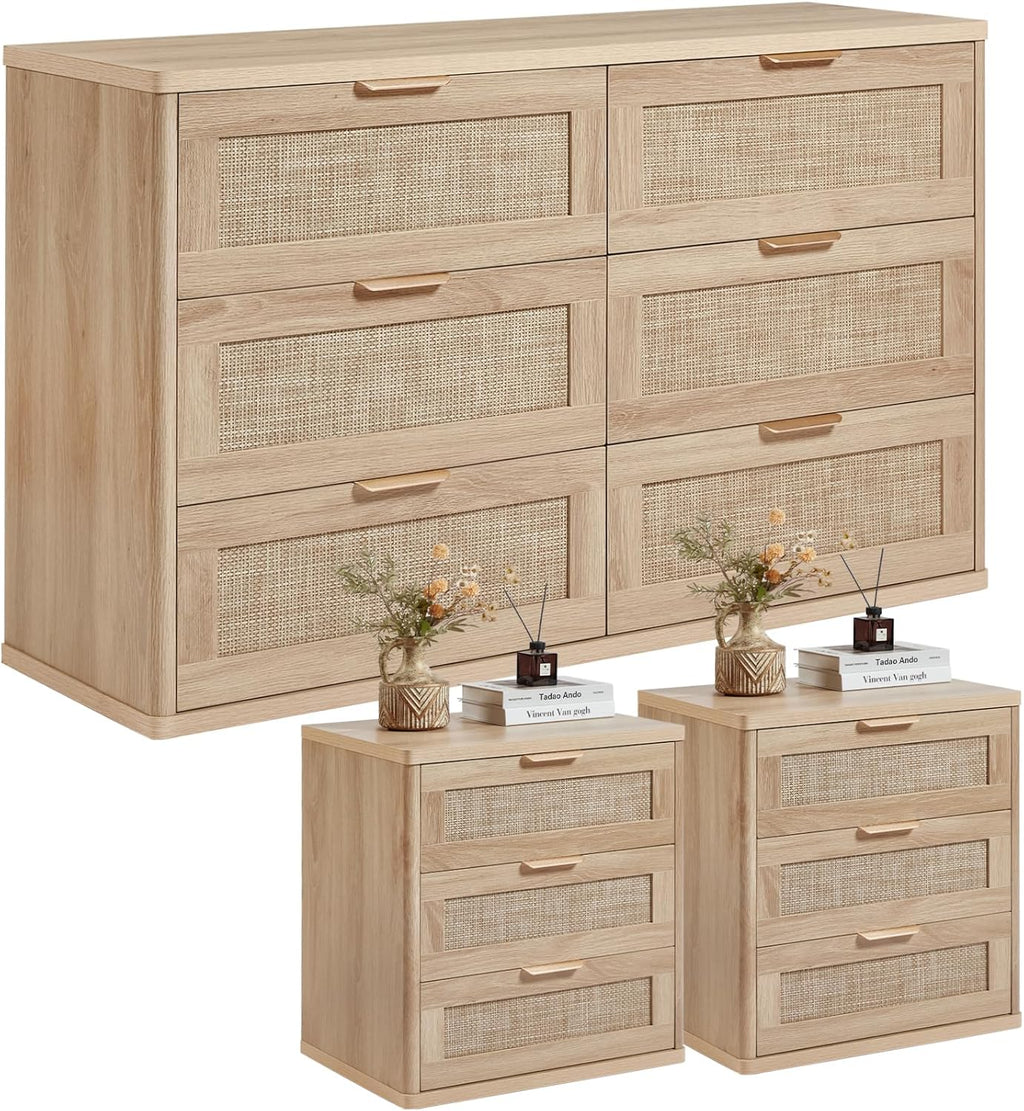 LEYAOYAO Rattan Dresser and Nightstand Sets 3 Piece, Boho Wood Dresser for Bedroom with 6 Drawers and Night Stand with 3 Drawer, Bedroom Furniture, Dressers & Chests of Drawers, Living Room, Hallway