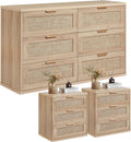 LEYAOYAO Rattan Dresser and Nightstand Sets 3 Piece, Boho Wood Dresser for Bedroom with 6 Drawers and Night Stand with 3 Drawer, Bedroom Furniture, Dressers & Chests of Drawers, Living Room, Hallway