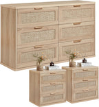 LEYAOYAO Rattan Dresser and Nightstand Sets 3 Piece, Boho Wood Dresser for Bedroom with 6 Drawers and Night Stand with 3 Drawer, Bedroom Furniture, Dressers & Chests of Drawers, Living Room, Hallway