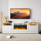 70" Fireplace TV Stand, LED Light Entertainment Center for TVs Up to 80", High-Gloss Door, Modern TV Console for Living Room with Storage Cabinet, White+White