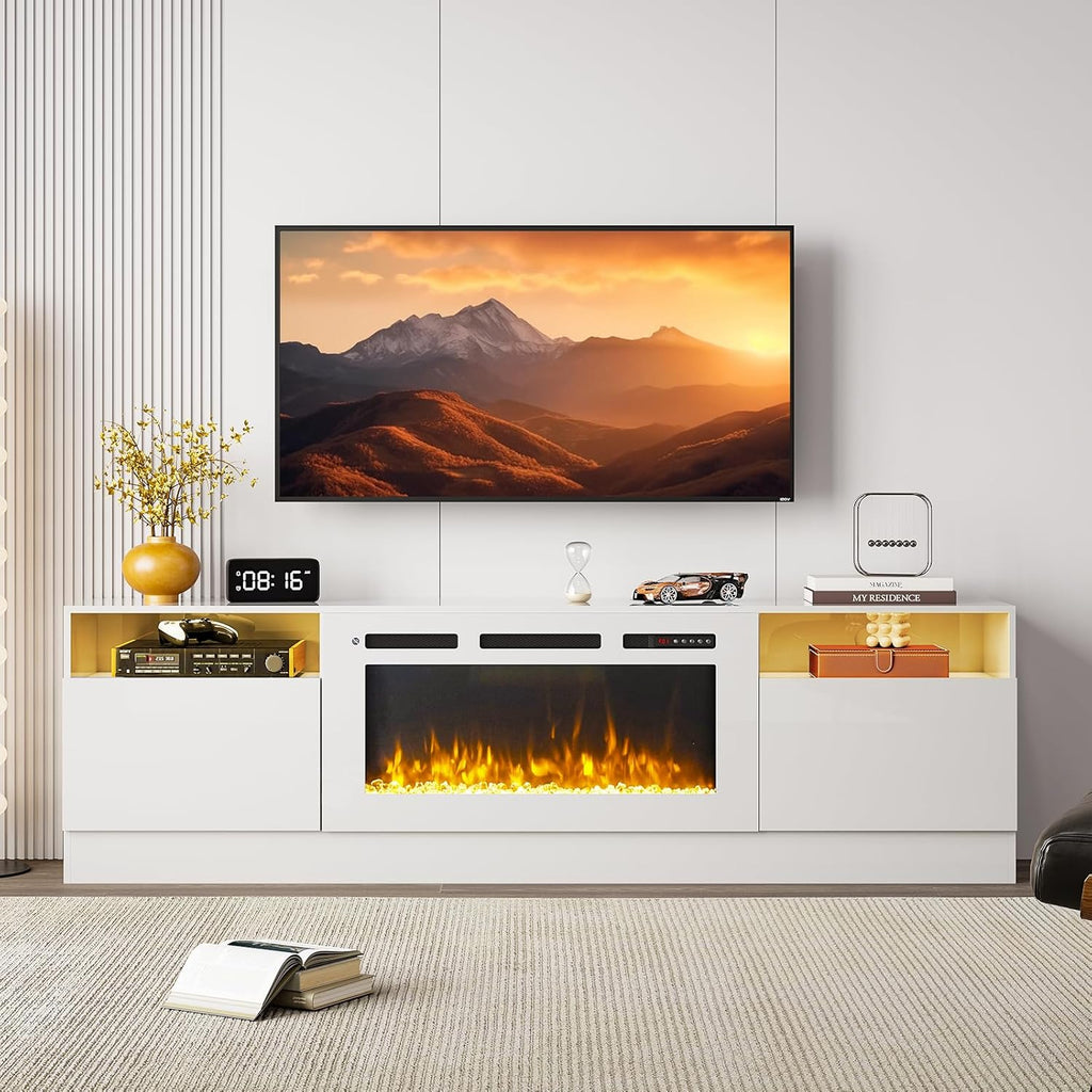 70" Fireplace TV Stand, LED Light Entertainment Center for TVs Up to 80", High-Gloss Door, Modern TV Console for Living Room with Storage Cabinet, White+White