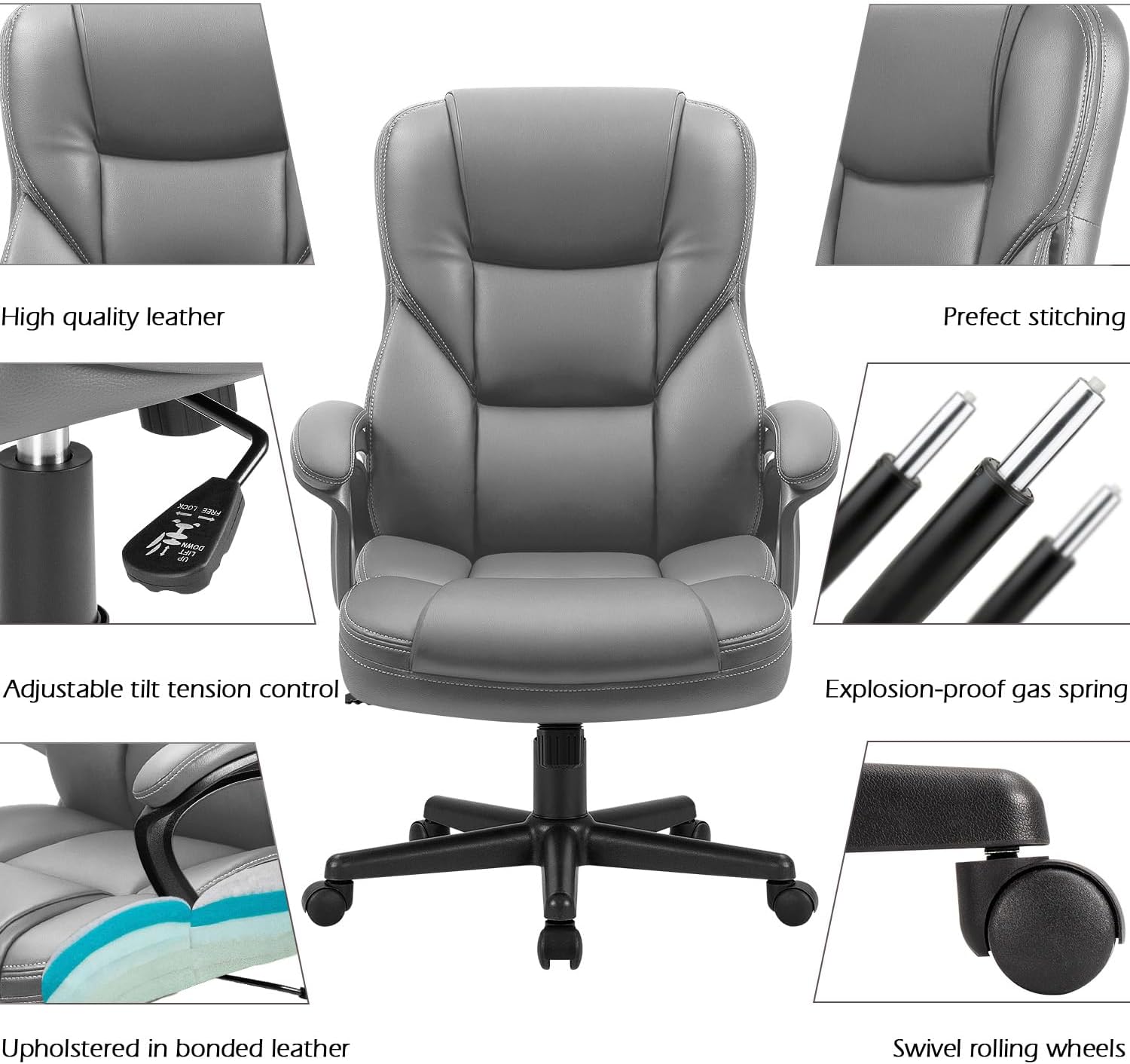 Furmax Office Executive Chair High Back Adjustable Managerial Home Desk Chair, Swivel Computer PU Leather Chair with Lumbar Support (1, Gray)
