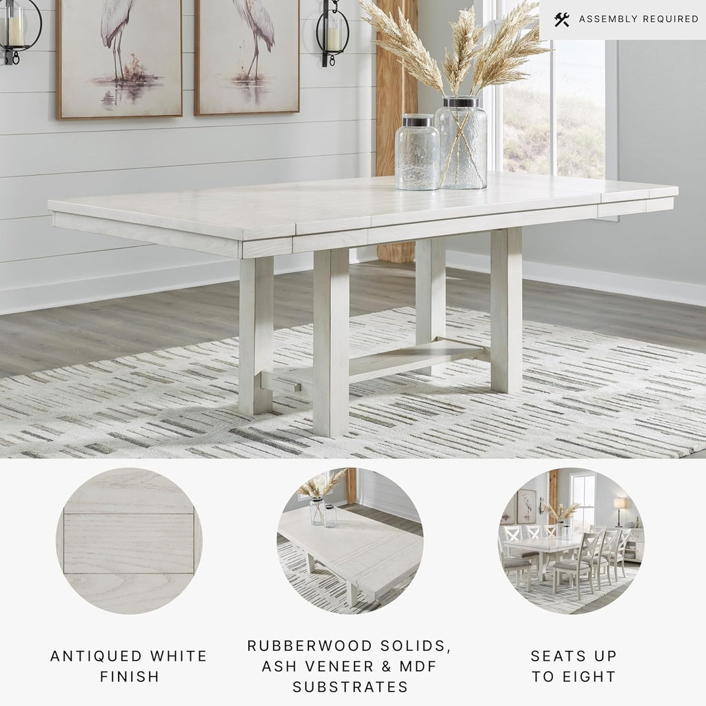 Signature Design by Ashley Robbinsdale Casual Removable Center Leaf Dining Extension Table with Trestle Base, Wood, Ash Veneer, Tabletop with Planked Effect, 2 Removable Center Leaves, Seats 8, White