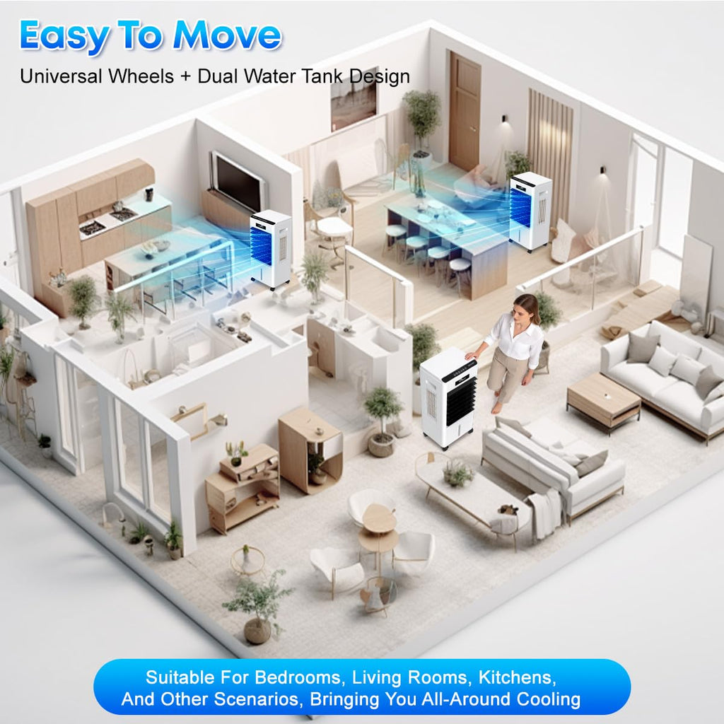 Portable Air Conditioners, 3-in-1 AC Cooling Fan 3 modes 3-Speed with Remote Control & 4 Ice Boxes, Evaporative Air Cooler with 8L Tank for 20H Cooling, for Home, Bedroom, Kitchen, Living Room (Black)
