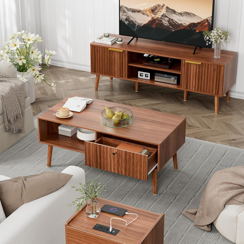LCRBOL Coffee Table with Storage, Mid Century Dining Table with Fluted Drawer and Solid Wood Legs, Small Coffee Tables for Living Room, Walnut