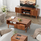 LCRBOL Coffee Table with Storage, Mid Century Dining Table with Fluted Drawer and Solid Wood Legs, Small Coffee Tables for Living Room, Walnut