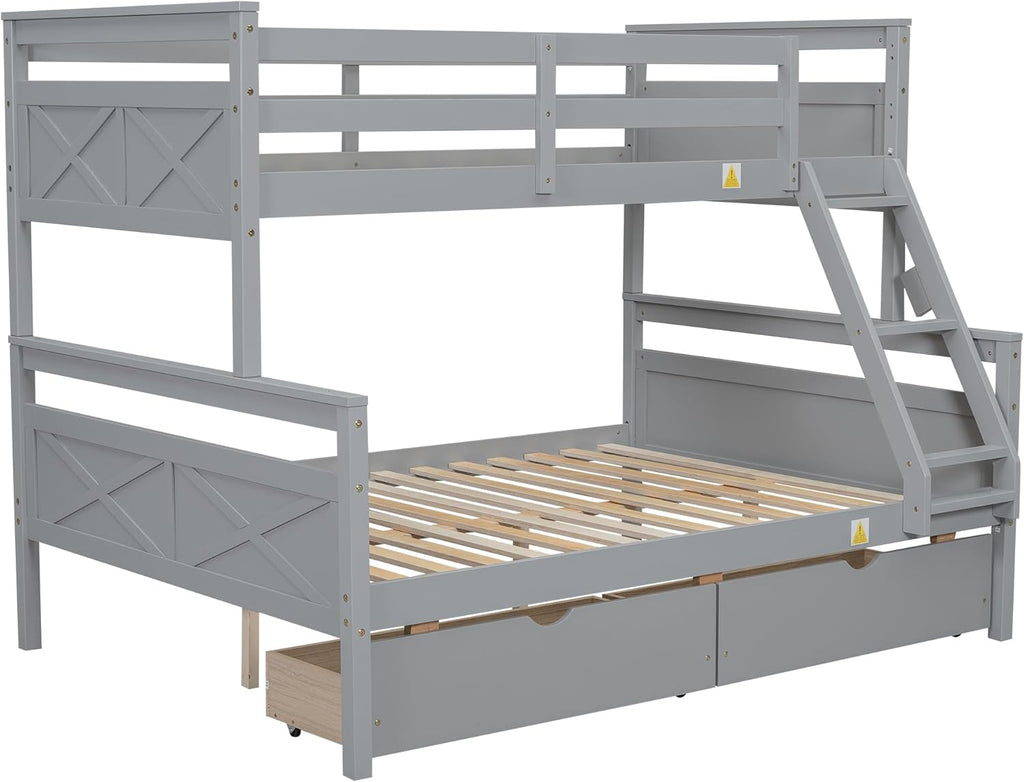 Merax Twin Over Full Bunk Bed with 2 Storage Drawers, Ladder and Guardrail, Can be Converted into 2 Separated beds, Grey