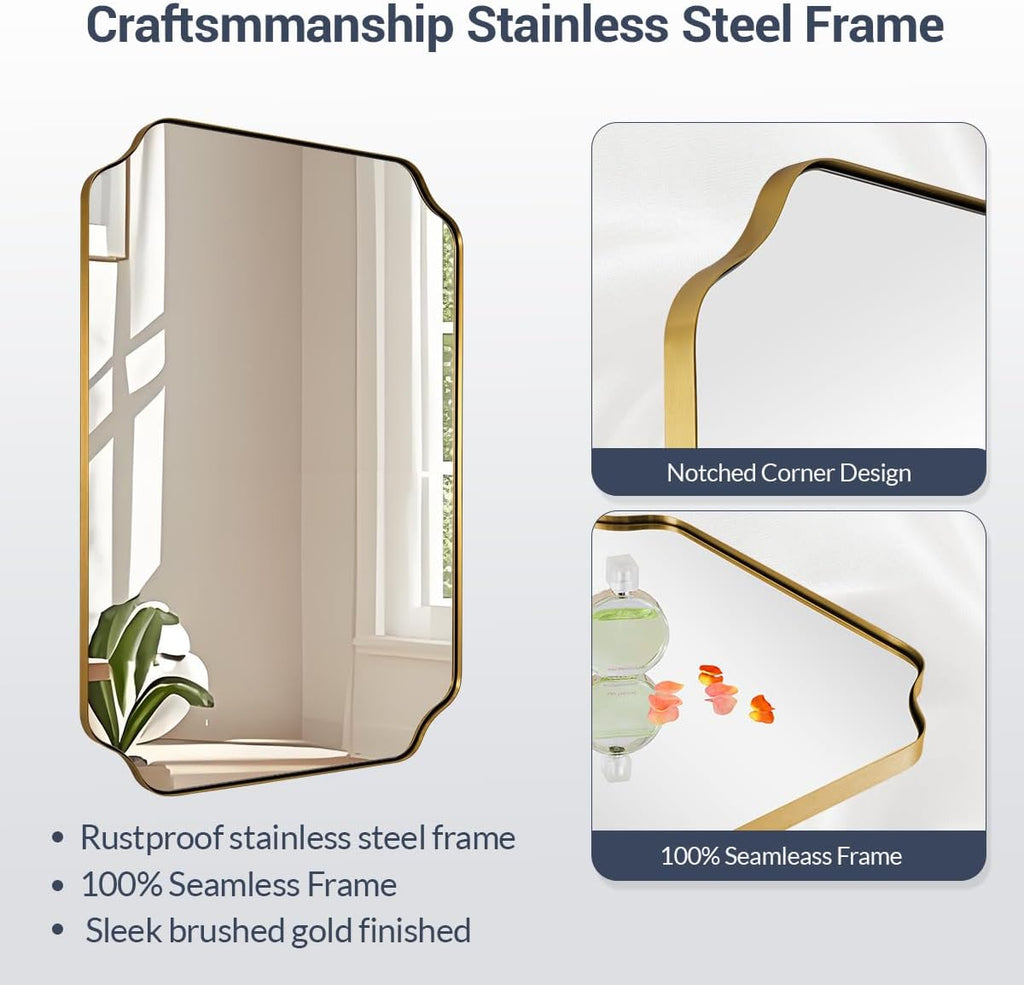 Gold Bathroom Mirror 30x40 Inch, Scalloped Brass Mirrors for Bathroom Sink, Notched Corner Rectangle Mirror in 1'' Stainless Steel Metal Frame Home Remodel Wall Mount Vertical/Horizontal