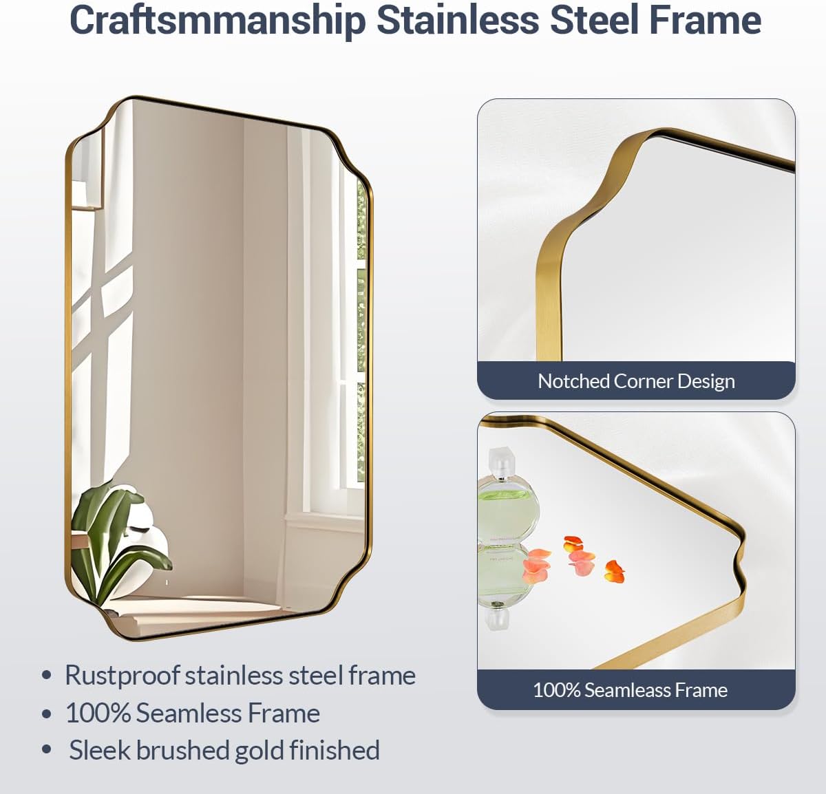 Gold Bathroom Mirror 30x40 Inch, Scalloped Brass Mirrors for Bathroom Sink, Notched Corner Rectangle Mirror in 1'' Stainless Steel Metal Frame Home Remodel Wall Mount Vertical/Horizontal