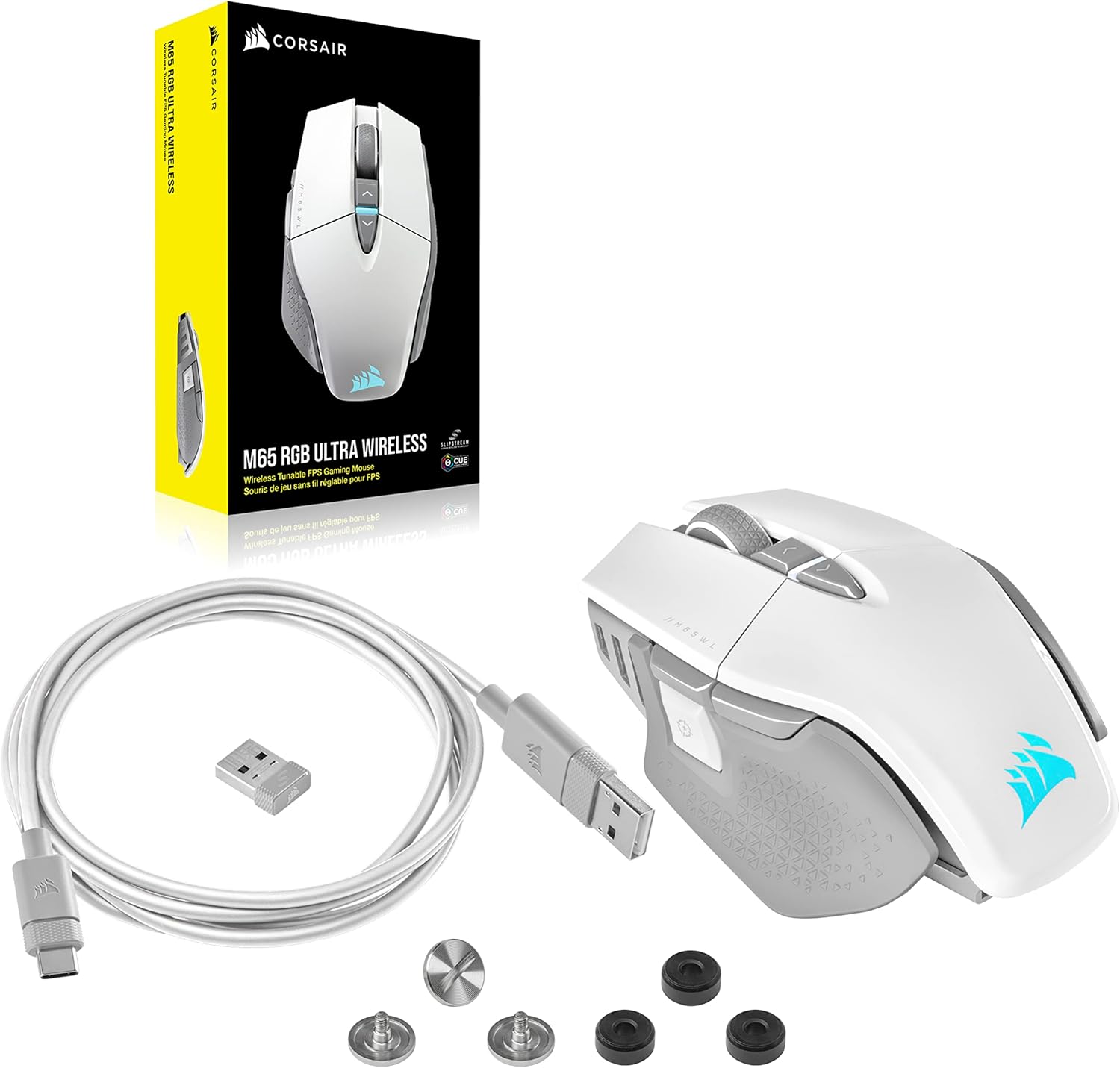 Corsair M65 RGB Ultra Wireless Tunable FPS Wireless Gaming Mouse - Sub-1ms Slipstream Wireless Technology, 26,000 DPI Optical Sensor, Up to 120 Hours of Battery Life, 8 Programmable Buttons - White