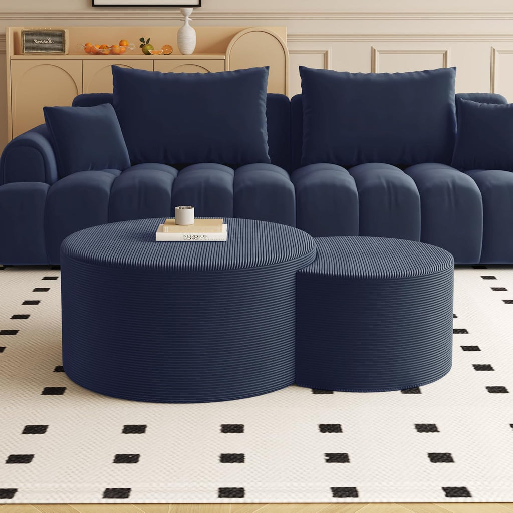 BSHOMGI Nesting Coffee Table Set of 2, Upholstered Round Corduroy Circle Foam Round Side Table for Living Room, Entryway Set, 32"+17" Footrest No Assembly (Blue, 32"+17")