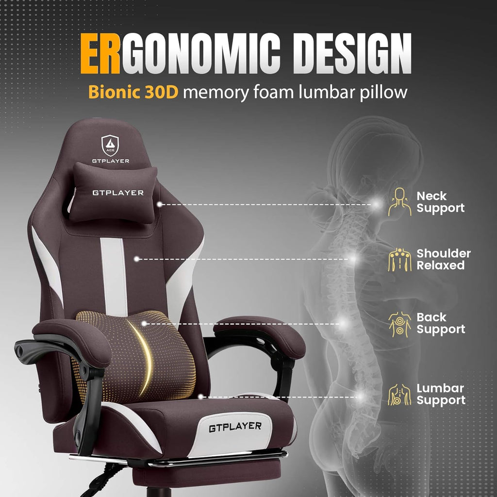 GTPLAYER Gaming Chair with Foot Rest & Pocket Spring Cushion, Breathable Fabric for Home Office Desk, Ergonomic High Back Computer Chair with Headrest & Lumbar Support, Brown