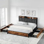 GarveeHome King Size Bed Frame with 4 Storage Drawers, Upholstered Storage Charging Headboard, Heavy Duty Metal Platform Bed Frame, Noise Free, No Box Spring Needed, Rustic Brown