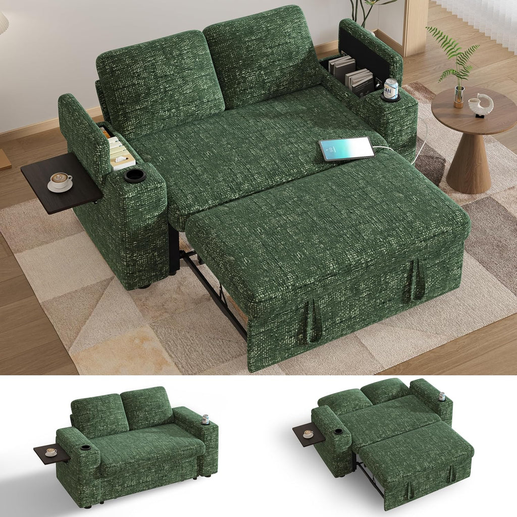 Vipbear 65" Loveseat Sleeper Sofa with Pull Out Bed, Chenille 3-in-1 Convertible Sofa Bed with Reclining Backrest|USB Ports|Cup Holders|Side Table|Storage Armrests, Tool Free Assembly, Green