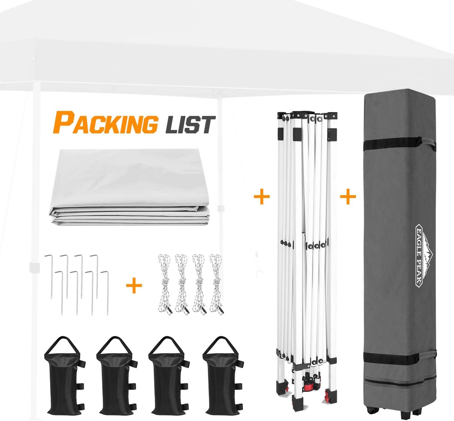 EAGLE PEAK Pop Up Canopy Tent with Wheeled Carry Bag, 8 Stakes, 4 Ropes, 4 Weight Bags, Easy Set Up Tent Canopy, 10x10 ft, 100sqft of Shade, White