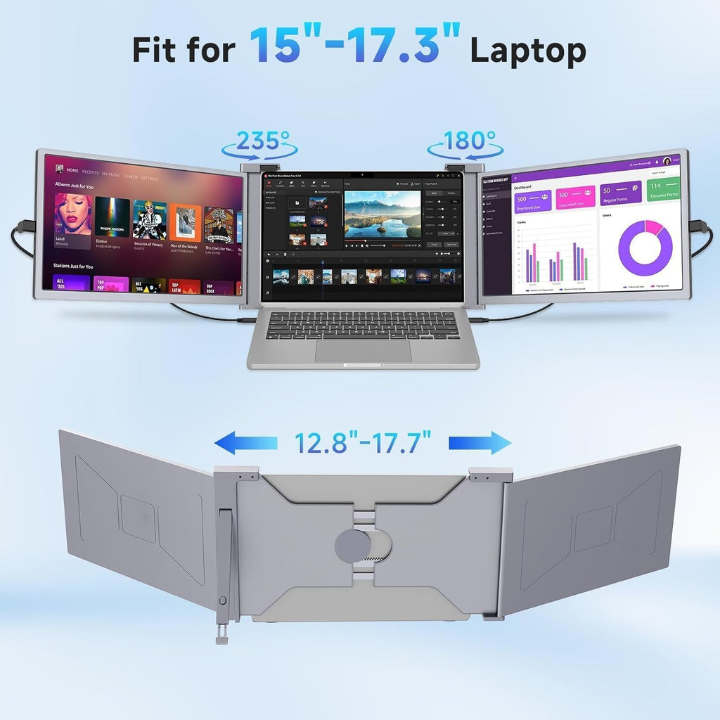 Laptop Screen Extender  15" 1080P IPS FHD Triple Monitor for 15"-17.3" Laptops  Plug & Play Portable Monitor Extender with USB-C/HDMI/USB-A for Mac/Windows/Chrome/Android Gray